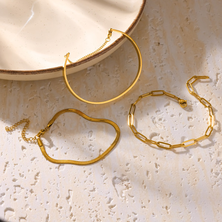 Simple Series Simple Geometric Shape Stainless Steel Waterproof Gold Color Women's Bracelets Sets 2