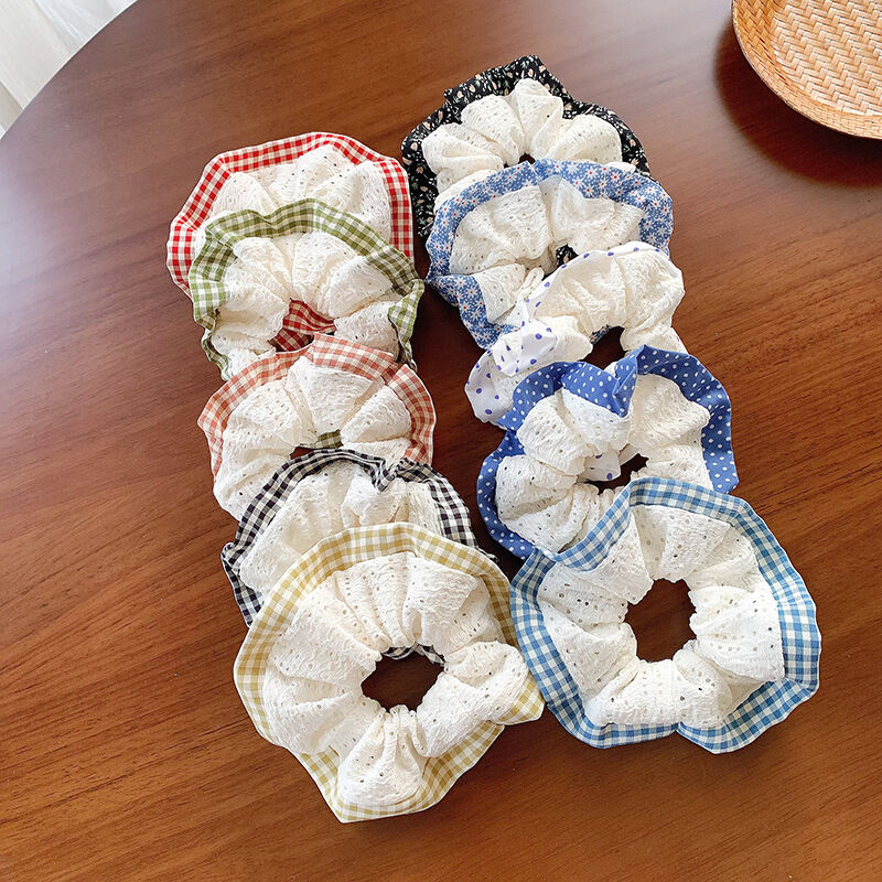 Simple Series Sweet Flower geruite polyester haarelastiekjes met stippen