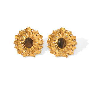 Retro Sun Shape Stainless Steel Waterproof Gold Color Natural Stone Zircon Women's Stud Earrings h5 Picture5