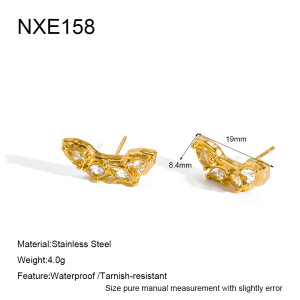 Butterfly Wings Shape Stainless Steel Waterproof Gold Color Zircon Women's Stud Earrings h5