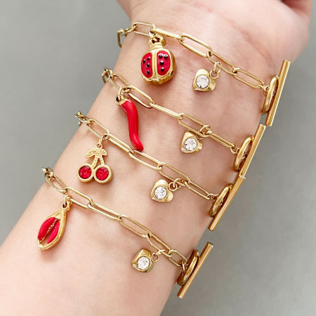 Simple Series Cute Chain Cherry Chili Stainless Steel Waterproof   Gold Color  Women's Charm Bracelets