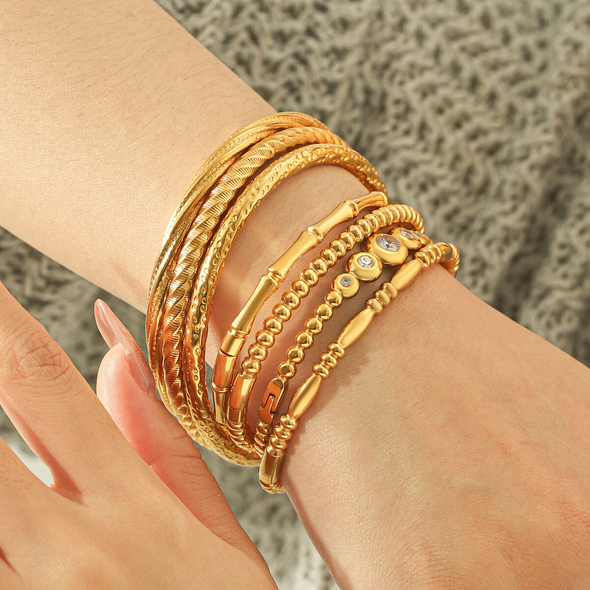 Pulseras Sencillas De Uso Diario, Forma Irregular, Color Sólido, Hilo, Acero Inoxidable, Impermeables, Color Dorado, Circonita, Para Mujer. Imagen6