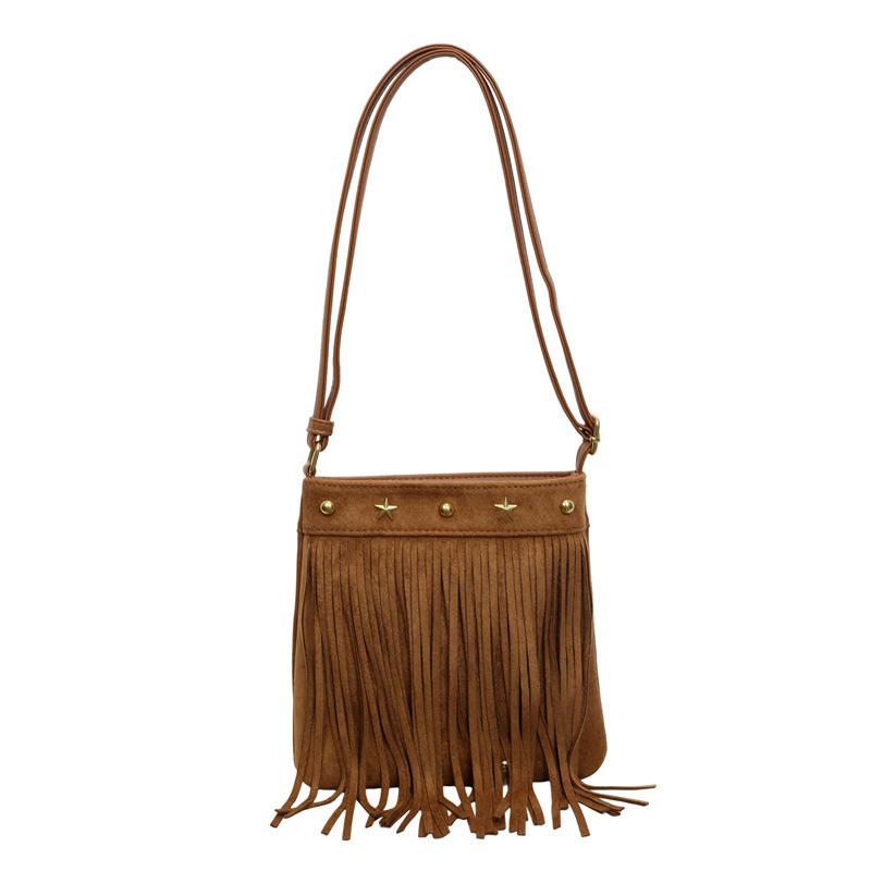 Streetwear Style Studded Tassel Rivet Imitation Suede Women's Shoulder Bags