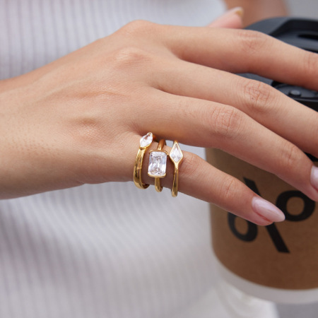 Luxurious Series Daily Droplet Ellipse Shape Stainless Steel Waterproof Gold Color Zircon Women's Gemstone Rings 2