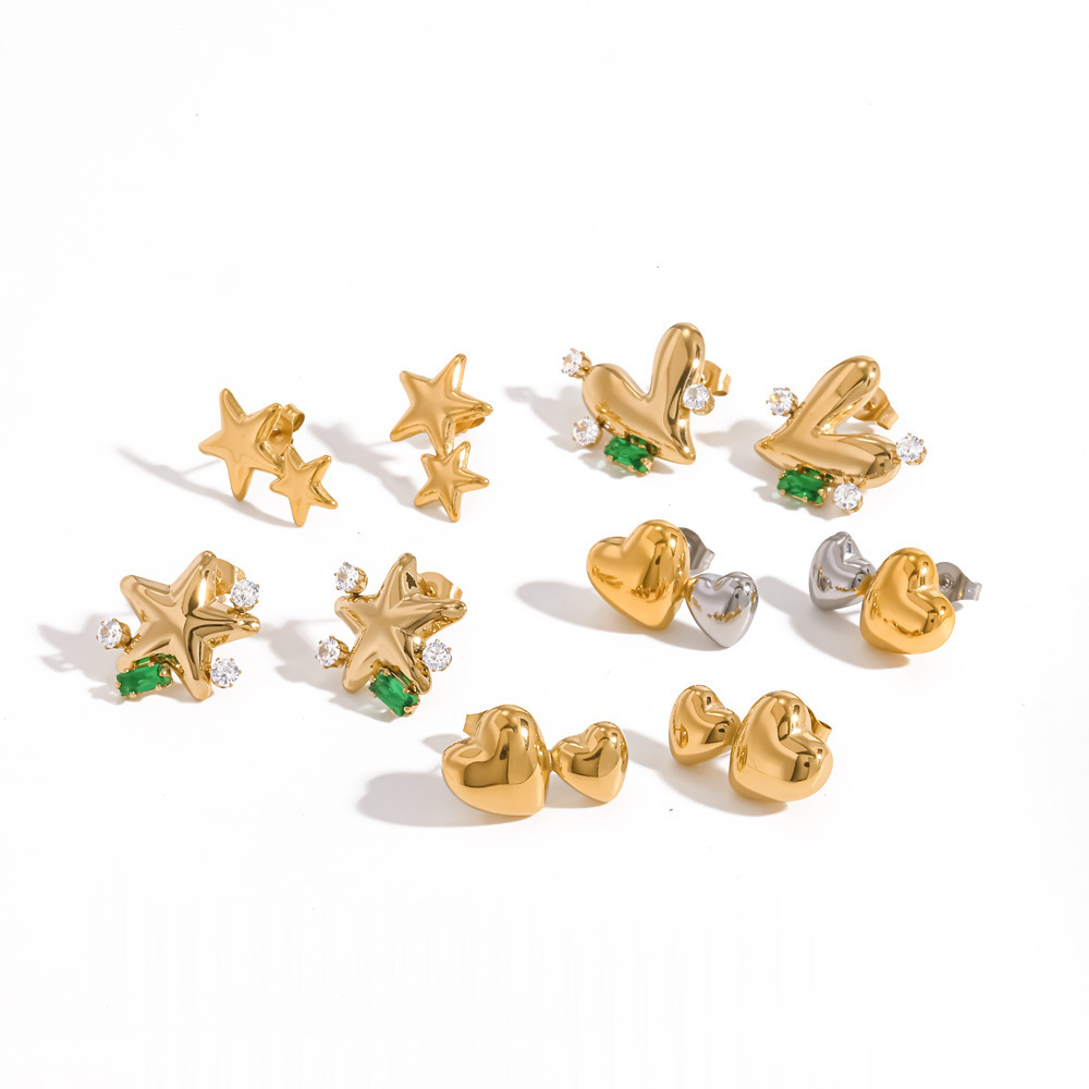 Simple Heart Star Shape Stainless Steel Waterproof Gold Color Rhinestone Women's Stud Earrings Picture3