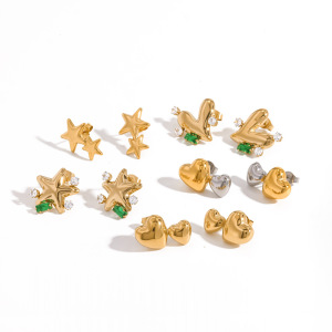 Simple Heart Star Shape Stainless Steel Waterproof Gold Color Rhinestone Women's Stud Earrings h5 Picture3