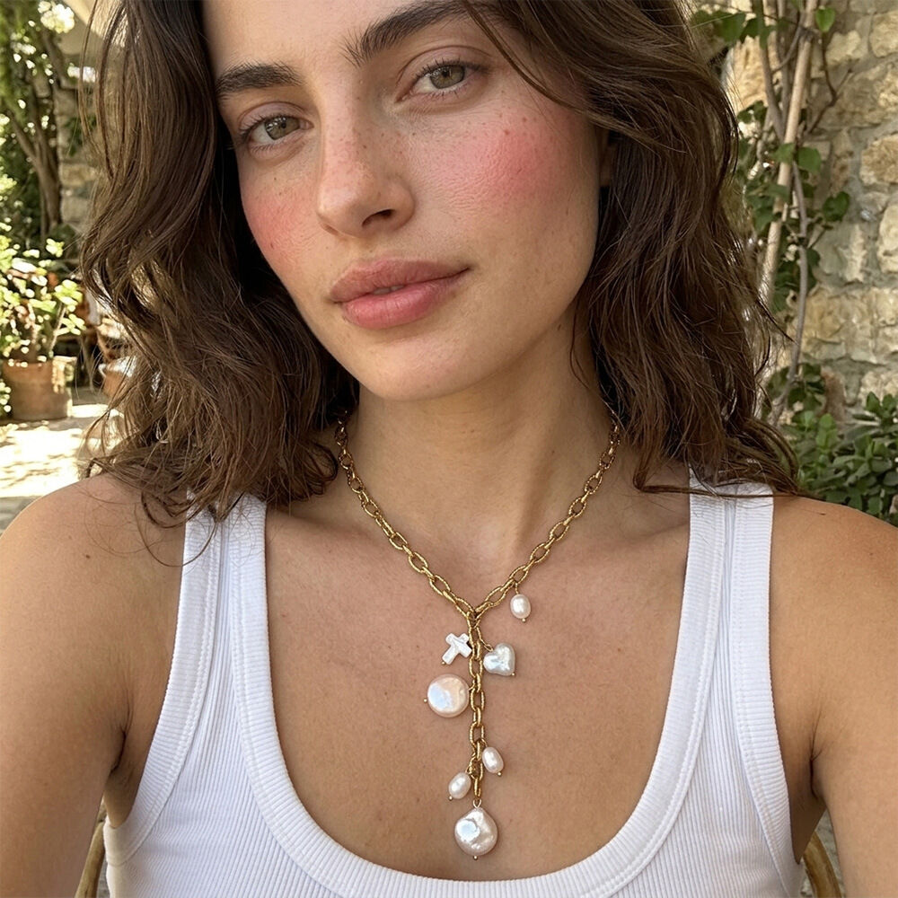 Collar De Perlas Para Mujer De La Serie Simple Sweet Con Cuentas De Forma Irregular, Acero Inoxidable Y Perlas De Agua Dulce Color Oro. Imagen3