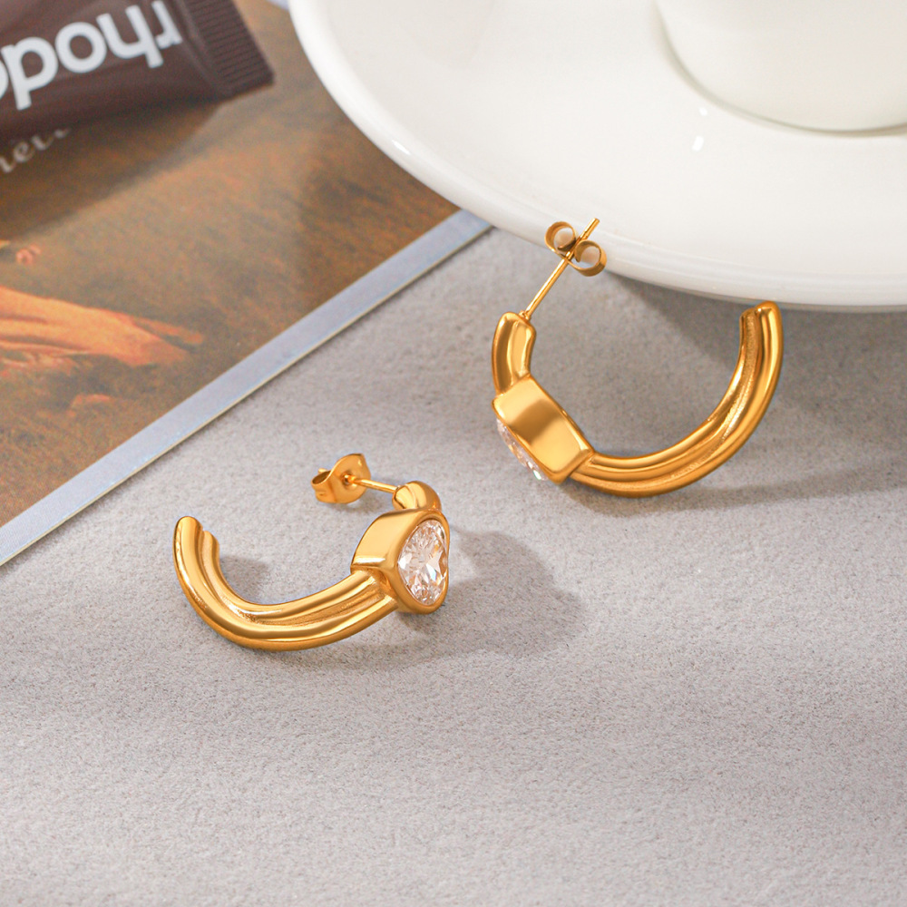 Simple Series Daily Lines Stainless Steel Waterproof Gold Color Zircon Women's Stud Earrings Picture5