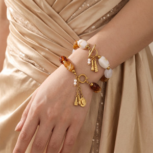 Classic  Elegant  Beads Gradient Color Stainless Steel Waterproof   Gold Color  Natural Stone Women's Beaded Bracelets h5 Picture2