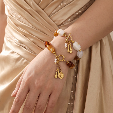 Classic  Elegant  Beads Gradient Color Stainless Steel Waterproof   Gold Color  Natural Stone Women's Beaded Bracelets 2