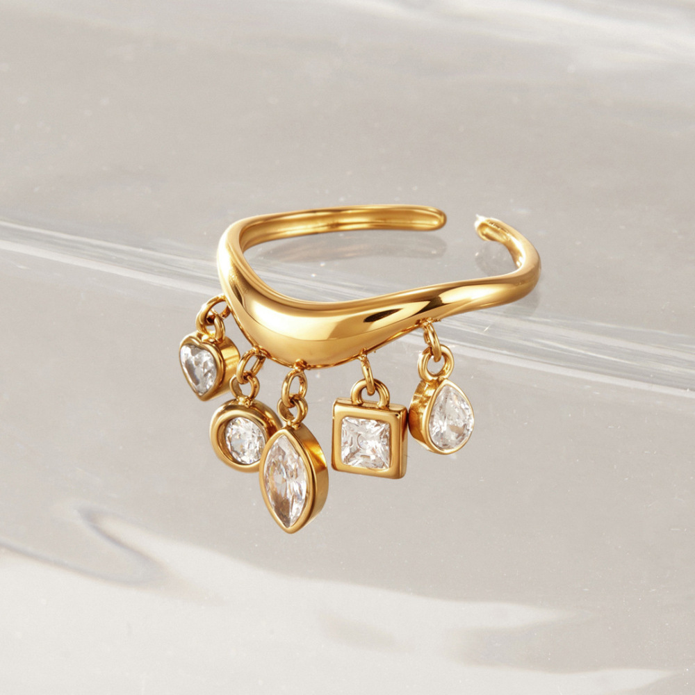 Luxurious Series Daily Droplet Irregular Shape Stainless Steel Waterproof Gold Color Zircon Women's Gemstone Rings Picture4