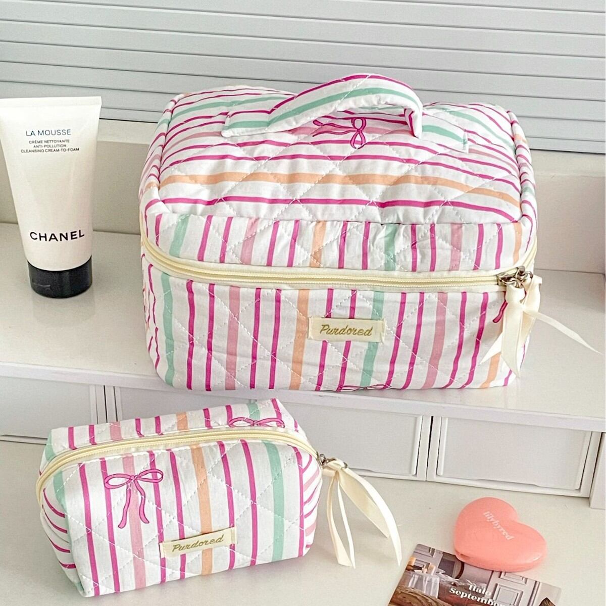 Neceser De Algodón Para Mujer Con Estampado De Rayas Y Lazo De Colores Variados. h5 Imagen2