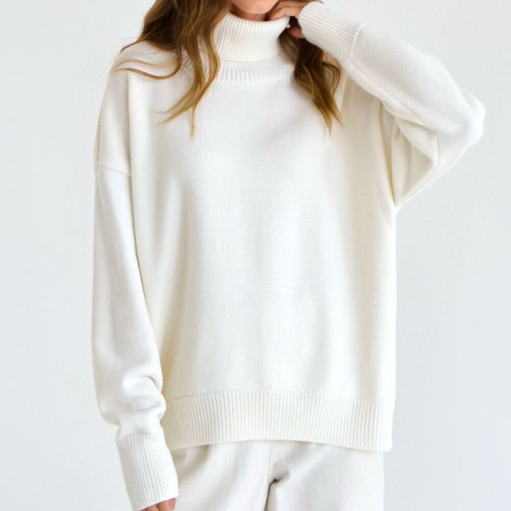 Basic Solid Color Loose Fit Polyester Turtleneck Knitted Jumper h5Picture2
