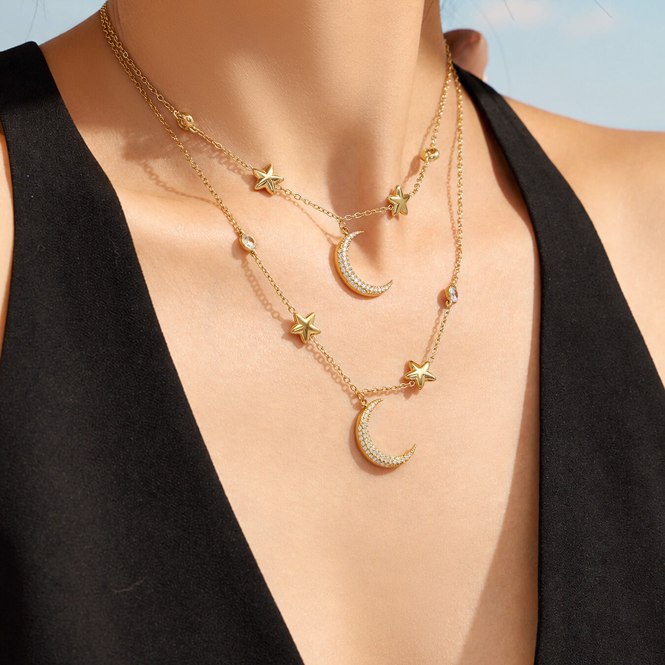 Conjunto De Joyas De Lujo Para Mujer Con Circonitas En Forma De Estrella Y Luna, De Acero Inoxidable, Resistente Al Agua Y Con Forma Irregular Y Diseño Sencillo. h5 Imagen4