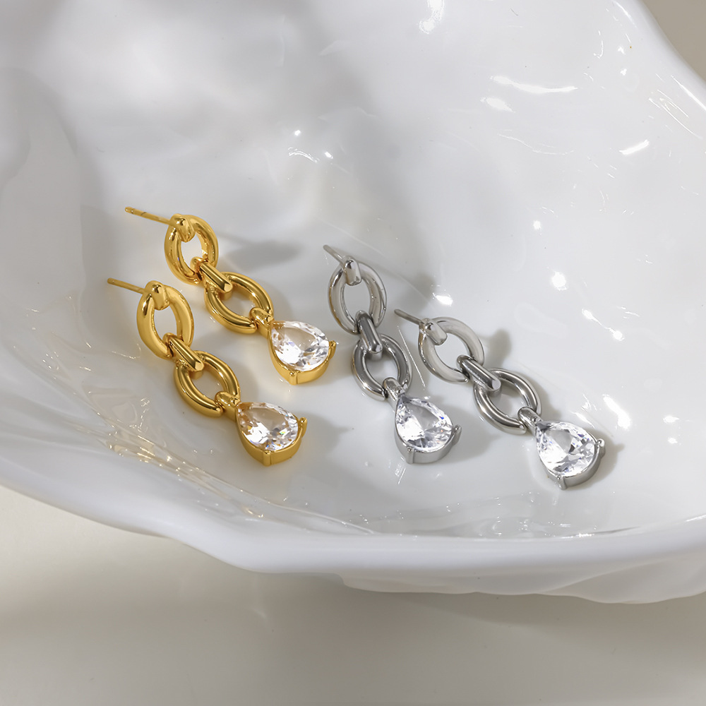 Simple Series Droplet Chain Stainless Steel Waterproof Gold Color Zircon Women's Dangle Earrings h5Picture4