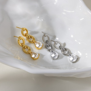 Simple Series Droplet Chain Stainless Steel Waterproof Gold Color Zircon Women's Dangle Earrings h5 Picture4