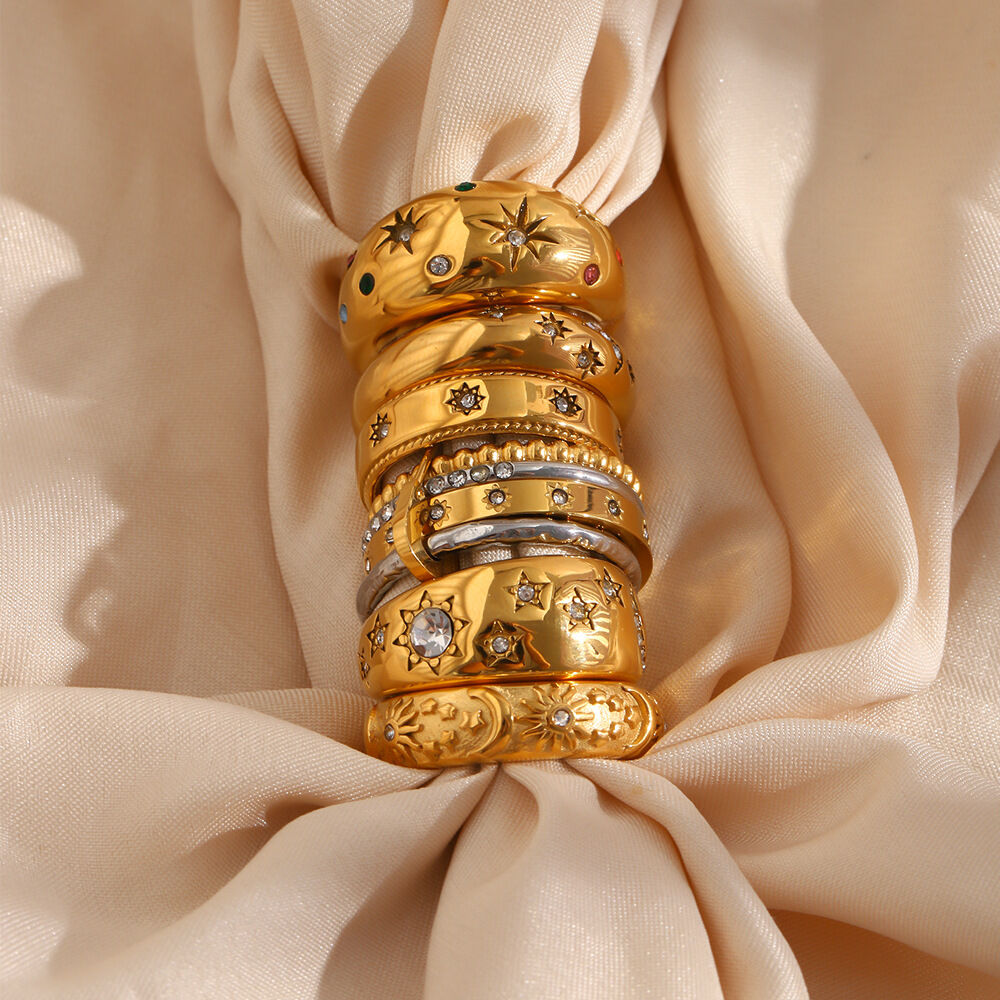 Classic Series Elegant Sun Moon Stainless Steel Waterproof   Gold Color  Statement Rings h5 Picture2