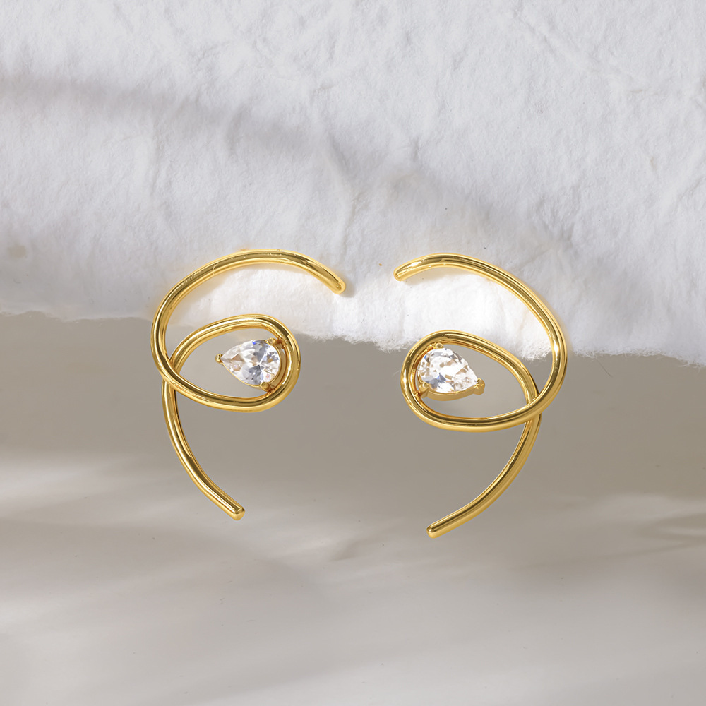 Simple Series Daily Droplet Lines Stainless Steel Waterproof   Gold Color  Zircon Women's Stud Earrings Picture4