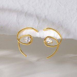 Simple Series Daily Droplet Lines Stainless Steel Waterproof   Gold Color  Zircon Women's Stud Earrings h5 Picture4