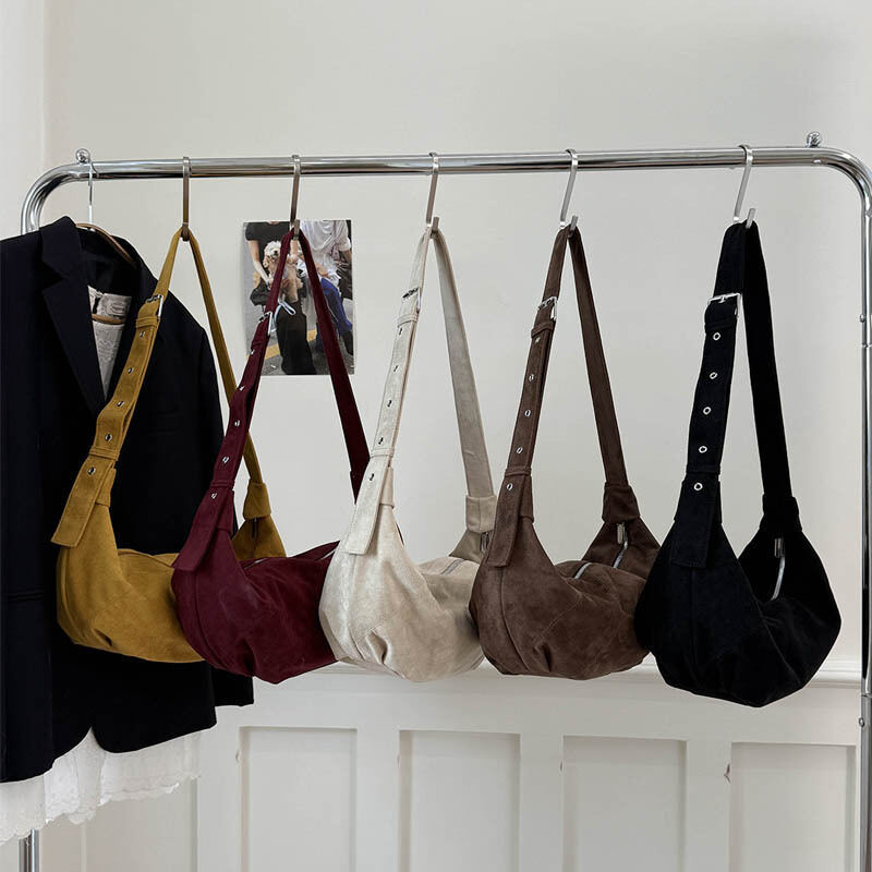 Borsa A Tracolla Da Donna In Pelle Scamosciata Con Patchwork A Tinta Unita, Stile Minimalista. h5Immagine3