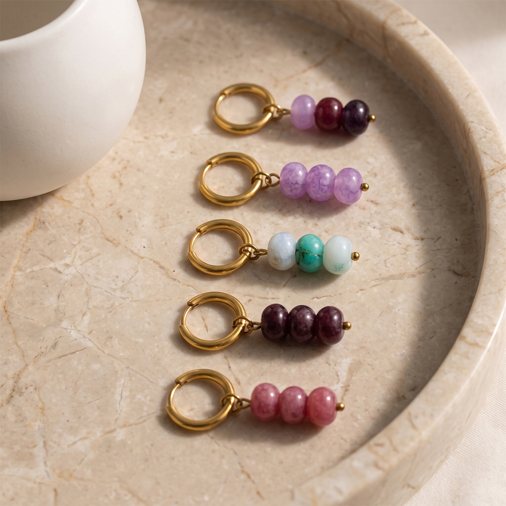Simple Series Elegant Beads Circle Stainless Steel Waterproof   Gold Color  Natural Stone Women's Hoop Earrings Picture2