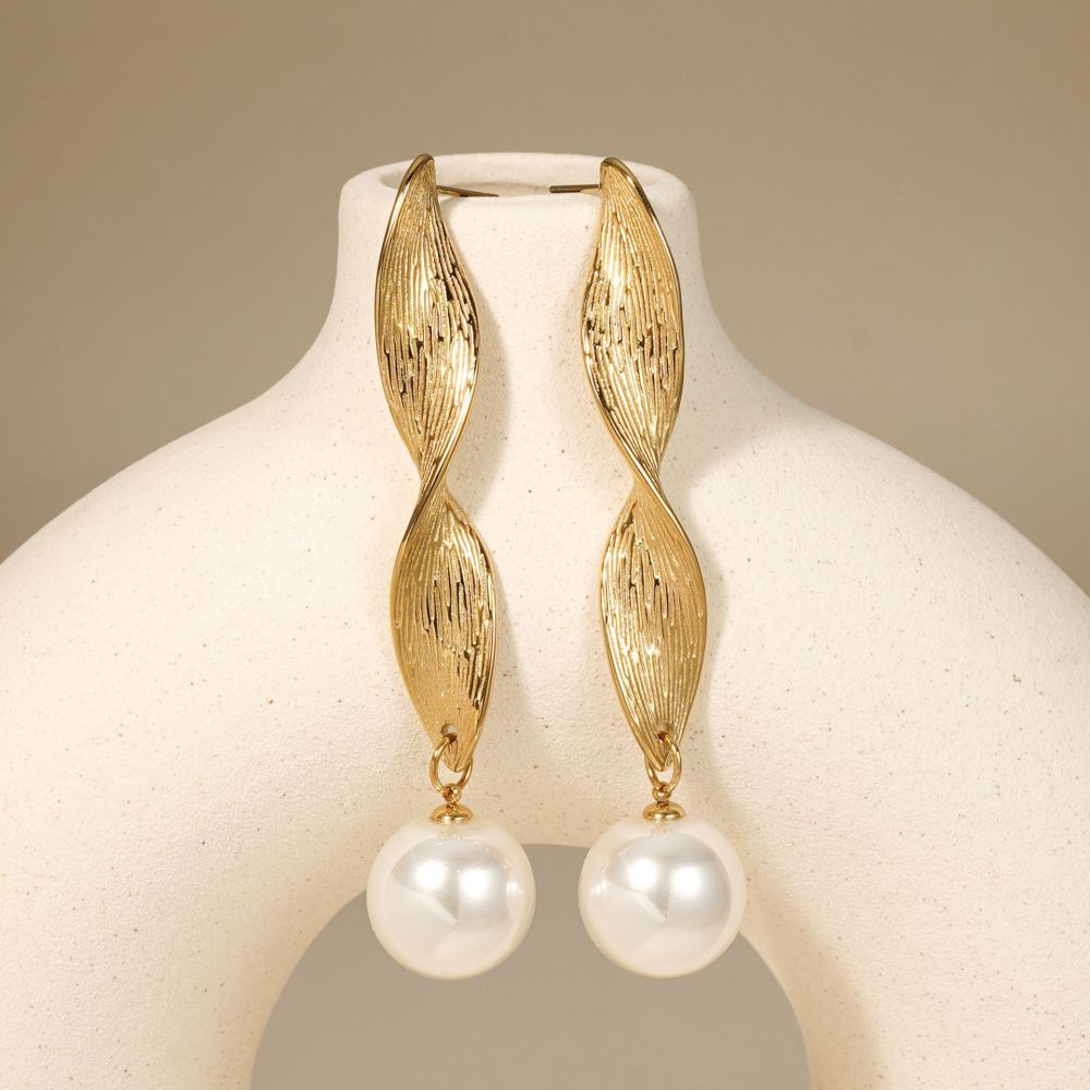 Irregular Shape Stainless Steel Waterproof Gold Color Artificial Pearl Women's Drop Earrings Picture3