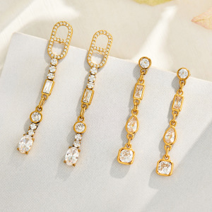 Luxurious Series Geometric Shape Stainless Steel Waterproof Gold Color Zircon Dangle Earrings h5 Picture2