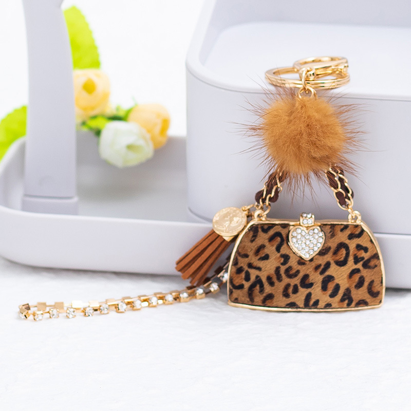 Simple Series Retro Heart Leopard Print Tassel Chain Alloy Rhinestone Keychain Picture3