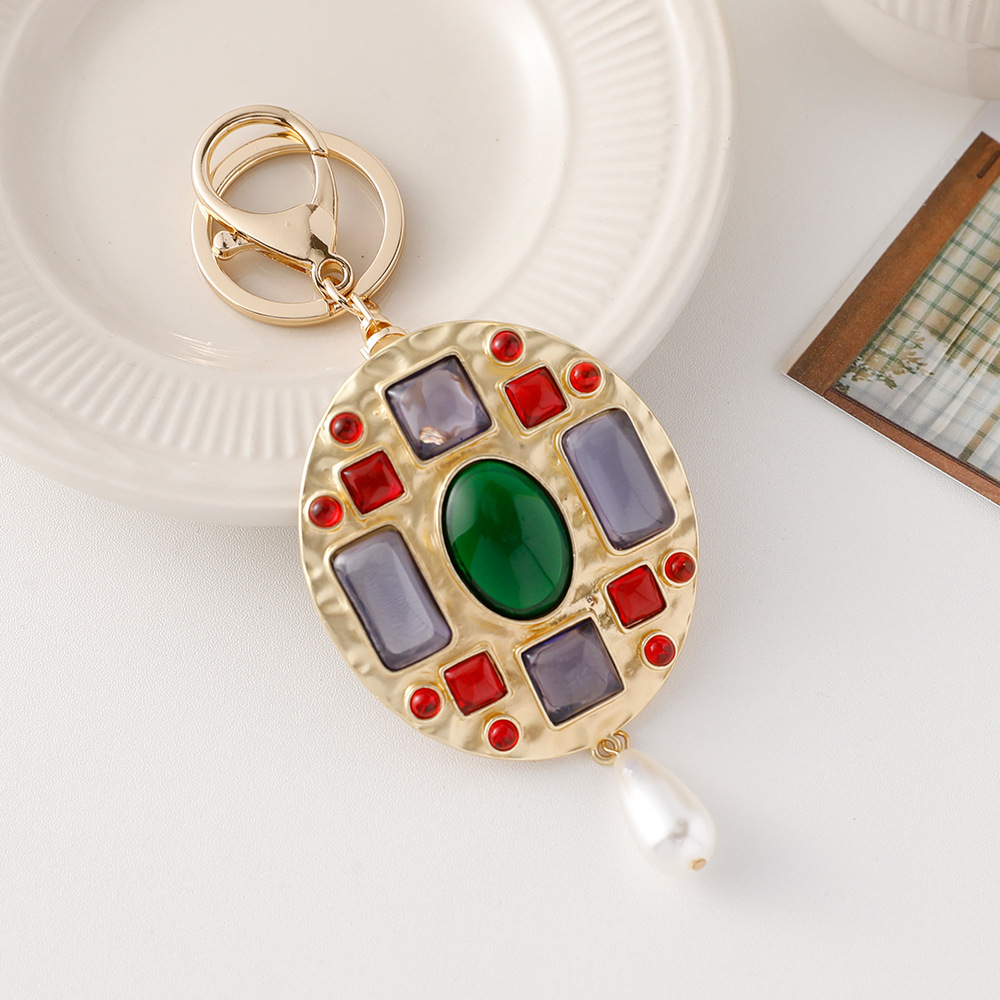 Classic Series Retro Mixed Color Geometric Shape Alloy Artificial Gemstone Keychain 
