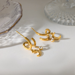 Romantic Series Daily Lines Moon Stainless Steel Waterproof   Gold Color  Zircon Women's Stud Earrings h5 Picture3