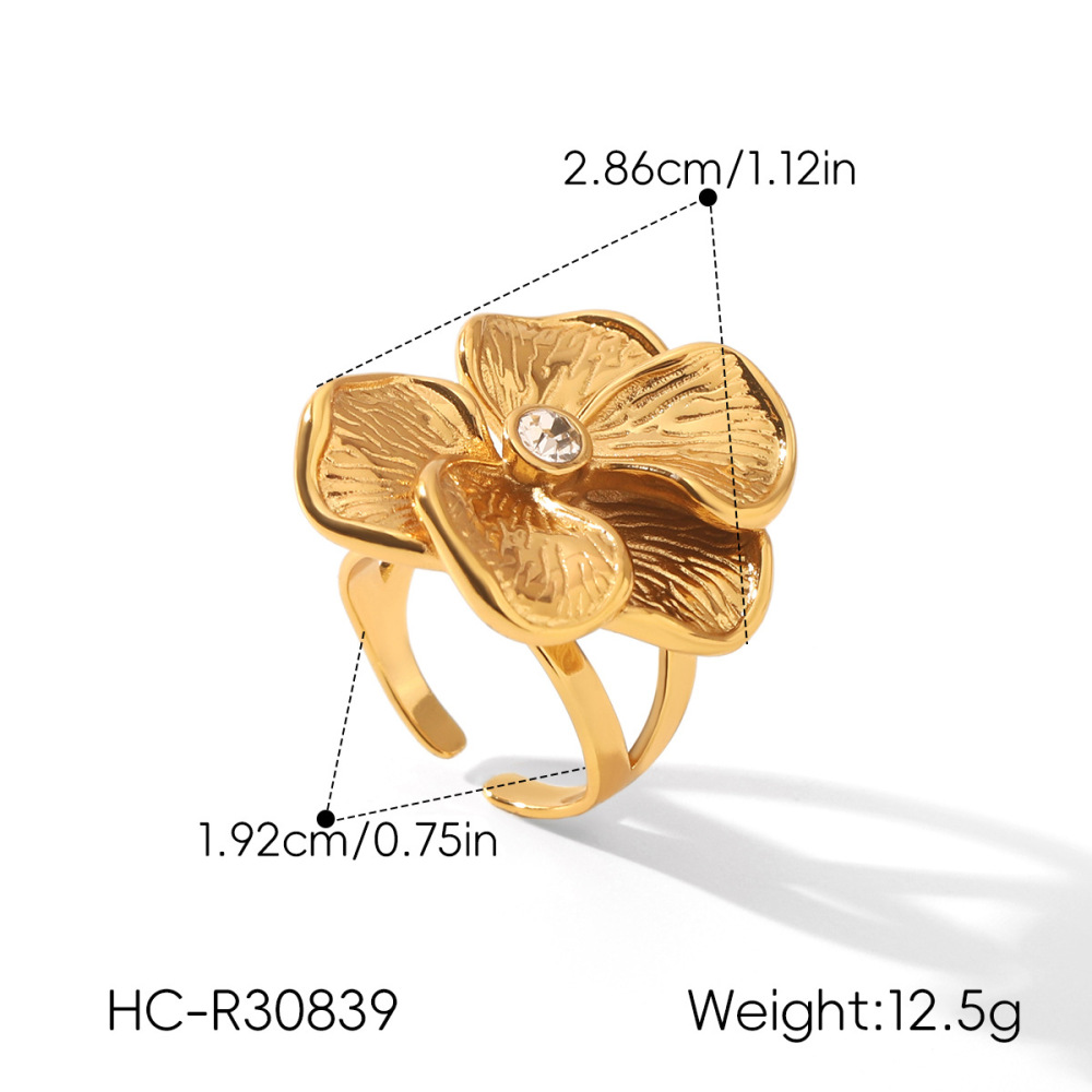 Flower Stainless Steel Waterproof Gold Color Zircon Statement Rings Picture2