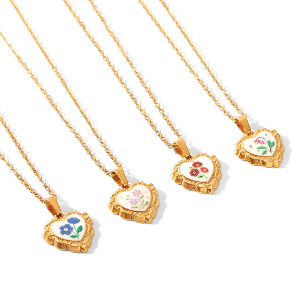Enamel Flower Heart Stainless Steel Waterproof Gold Color Women's Pendant Necklaces h5Picture5