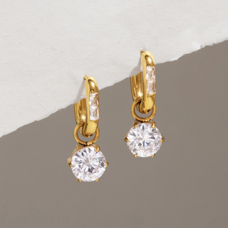 Luxurious Series Elegant Circle Geometric Shape Stainless Steel Waterproof Gold Color Zircon Women's Drop Earrings