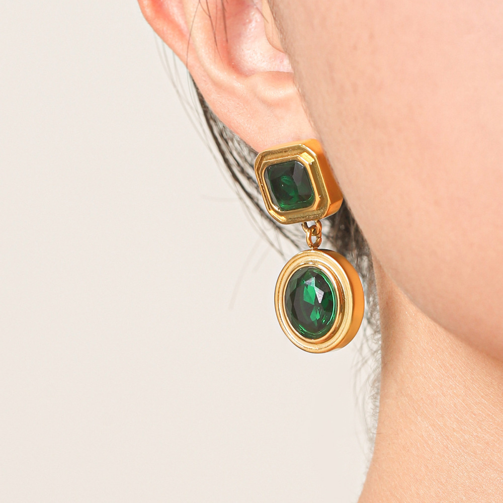 Rectangle Stainless Steel Waterproof Gold Color Zircon Women's Drop Earrings h5Picture5
