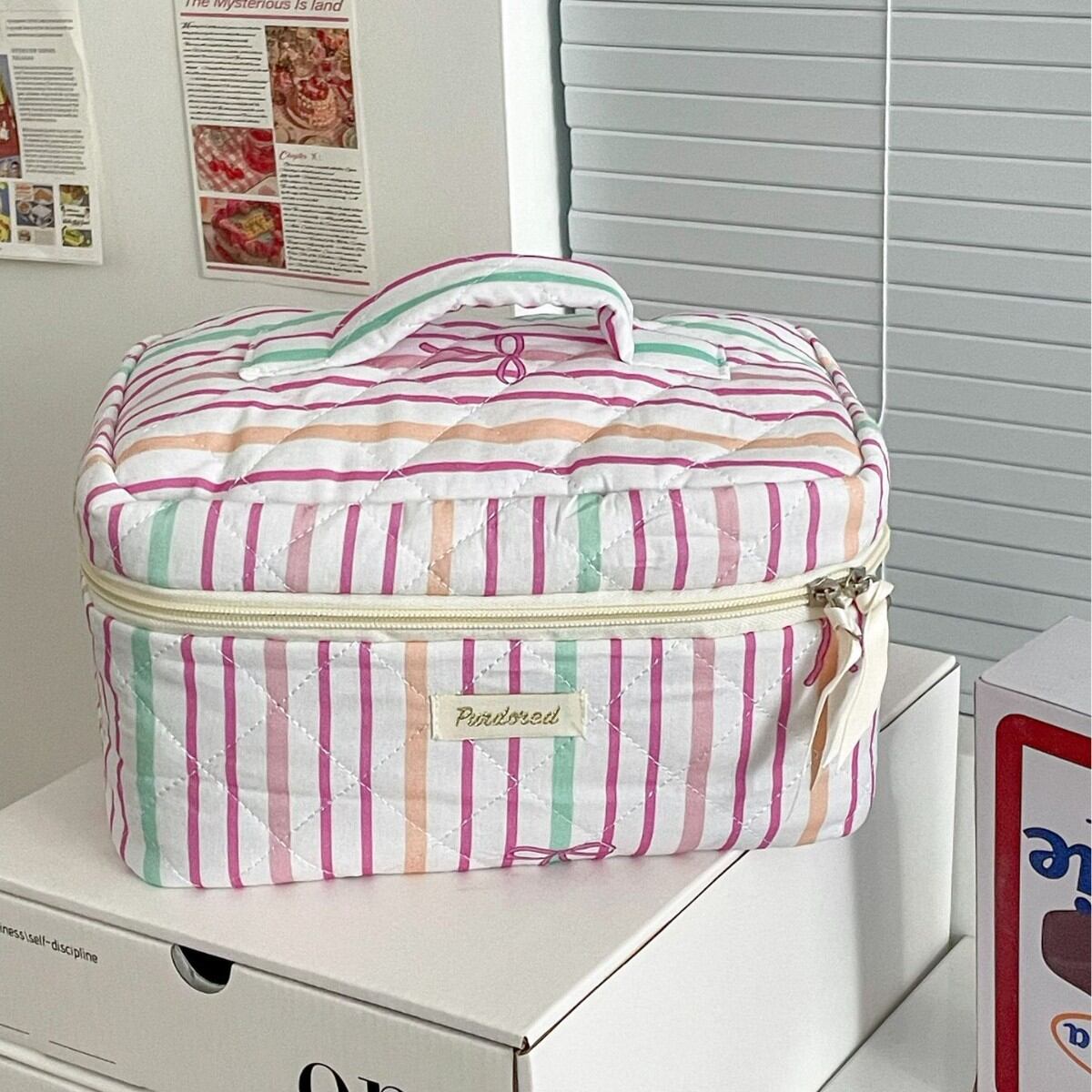 Neceser De Algodón Para Mujer Con Estampado De Rayas Y Lazo De Colores Variados. Imagen3