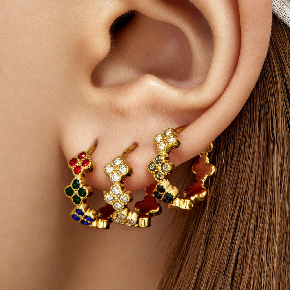 Romantic Series Sweet Flower Stainless Steel Waterproof Gold Color Zircon Women's Hoop Earrings Picture3