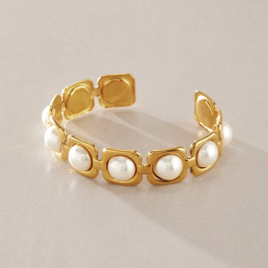Classic Series Elegant Patchwork Geometric Shape Stainless Steel Waterproof Gold Color Women's Bangles h5 Picture4