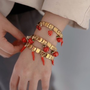 Luxurious Series Retro Fruit Patchwork Cherry Chili Stainless Steel Waterproof Gold Color Women's Bangles h5 Picture3