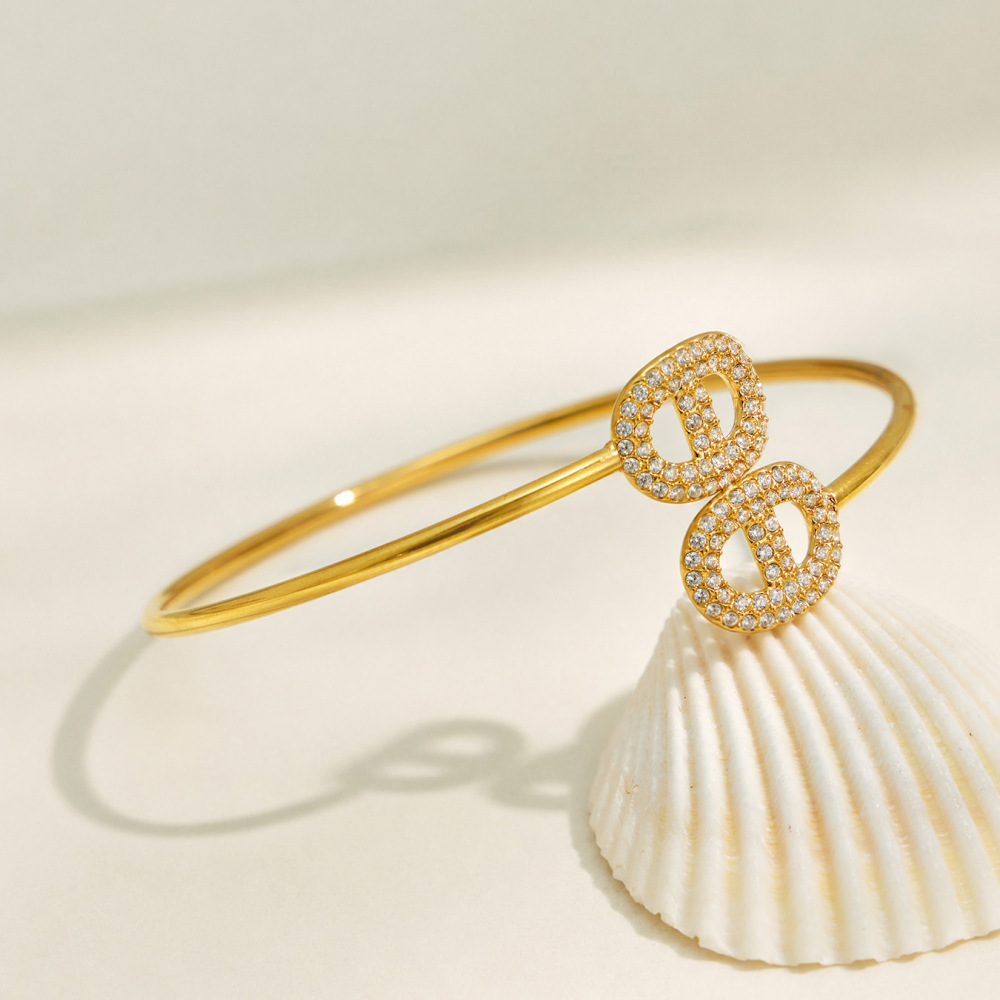Geometric Shape Stainless Steel Waterproof Gold Color Zircon Women's Cuff Bracelets h5Picture4