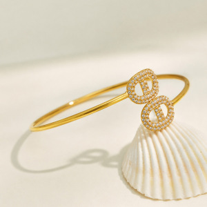 Geometric Shape Stainless Steel Waterproof Gold Color Zircon Women's Cuff Bracelets h5 Picture4