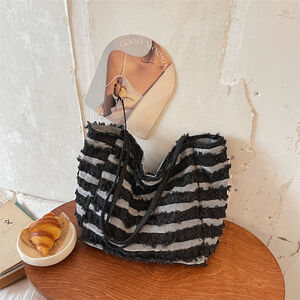 Borsa A Tracolla Quadrata Da Donna In Tela Con Patchwork A Tinta Unita E Strisce, Stile Casual. h5