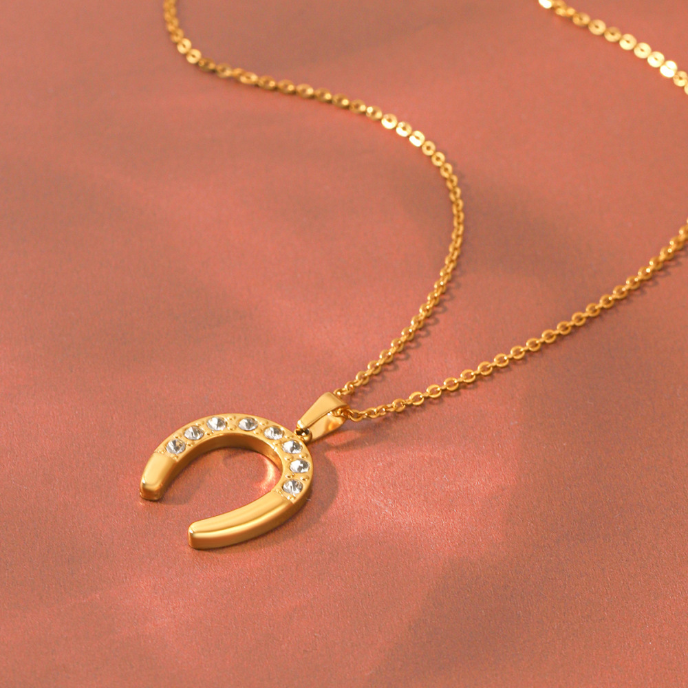 Simple Series Daily Horseshoe-Shaped Stainless Steel Waterproof Gold Color Zircon Women's Pendant Necklaces h5Picture3