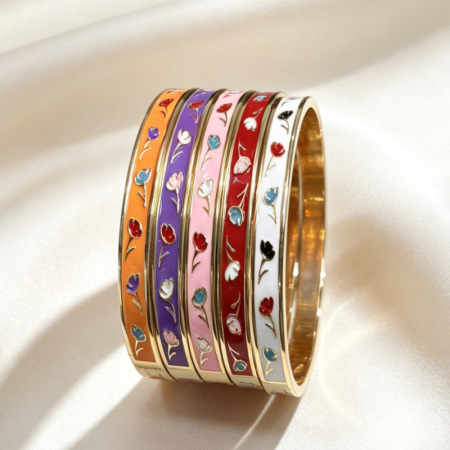 Simple Series Retro Flower Mixed Color Alloy Gold Color  Women's Bangles