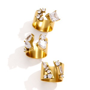 Luxurious Series Daily Irregular Shape Stainless Steel Waterproof   Gold Color  Zircon Women's Gemstone Rings h5 Picture5