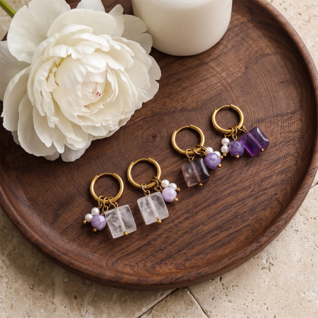 Romantic Series Sweet Beads Rectangle Stainless Steel Waterproof   Gold Color  Natural Stone Women's Drop Earrings 2