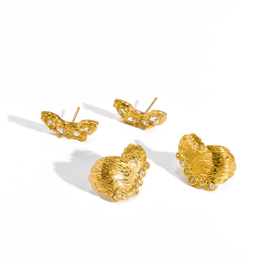 Butterfly Wings Shape Stainless Steel Waterproof Gold Color Zircon Women's Stud Earrings Picture4
