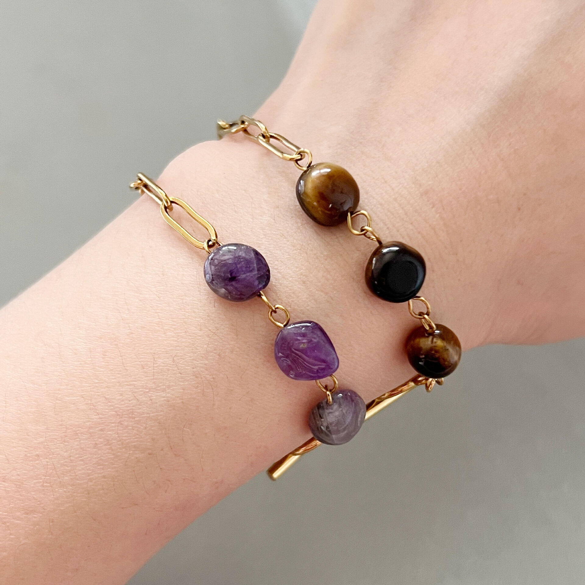 Einfache Retro-Armbänder Mit Unregelmäßig Geformten Perlen Aus Edelstahl, Wasserdicht, Goldfarben, Mit Natursteinen Bild3