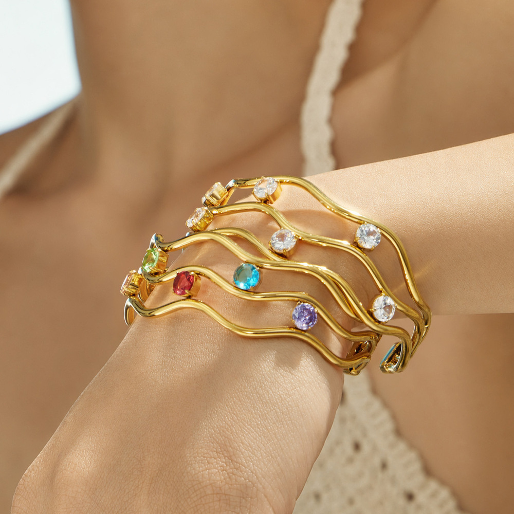 Luxurious Series Elegant Lines Stainless Steel Waterproof Gold Color Zircon Women's Cuff Bracelets h5Picture4