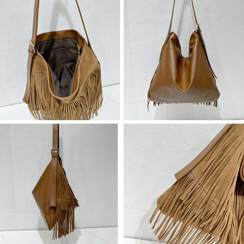 Borsa A Tracolla Quadrata Da Donna In Pelle Scamosciata, Tinta Unita, Stile Boho Con Nappine. h5Immagine3