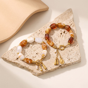 Classic  Elegant  Beads Gradient Color Stainless Steel Waterproof   Gold Color  Natural Stone Women's Beaded Bracelets h5 Picture3